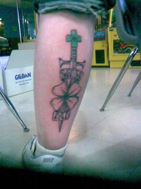 Dagger With Clovers Mom And Dad! tattoo