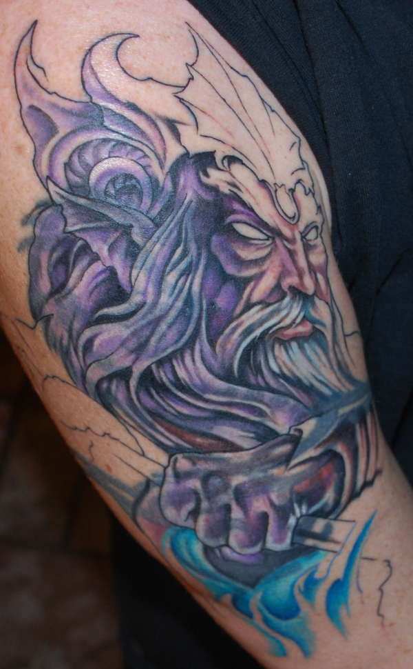 First sitting of Poseidon cover up close up tattoo