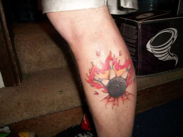 Bowling ball N Flaming pins tattoo