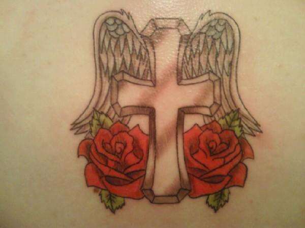 Cross and Roses tattoo.