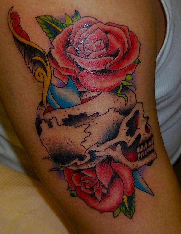 skull and dagger with roses tattoo