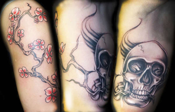 skull and cherry blossom tattoo