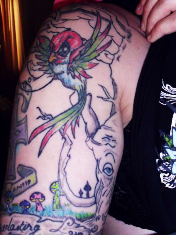 angry bird, spooky tree tattoo