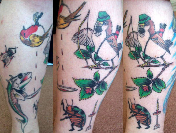 Who Killed Cock Robin? Tattoo on right leg. tattoo