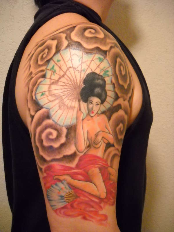 finished geisha on right arm tattoo