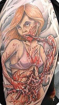 Girl eating her own guts - colored tattoo