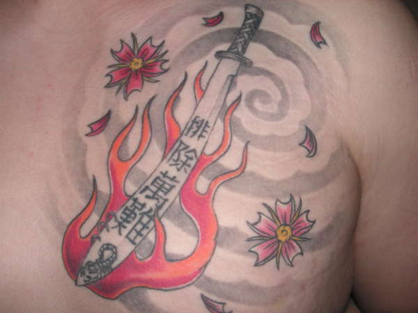 Sword Fire Wind Chest tattoo