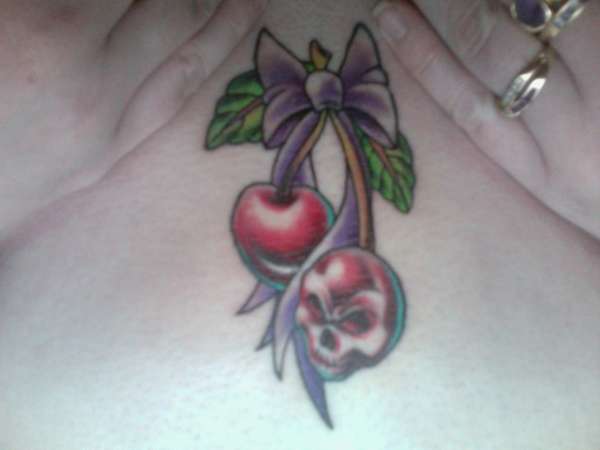 Cherries and skull with Ribbon tattoo