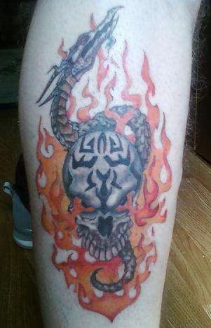 Skull and Dragon w/ flames tattoo