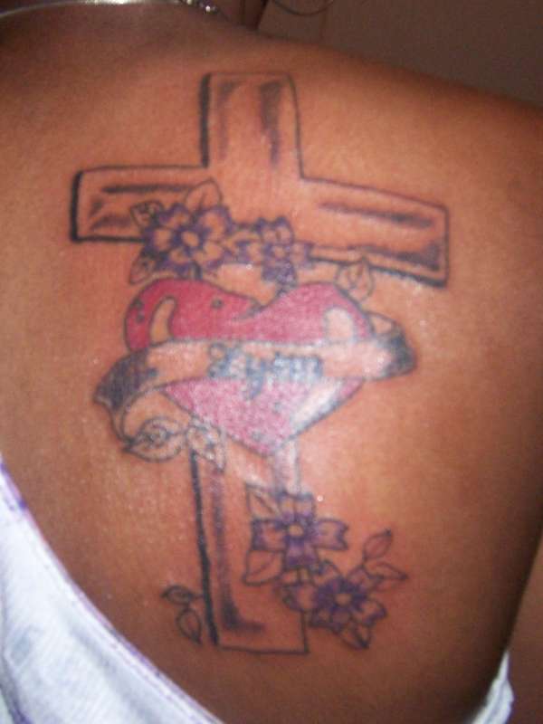 cross heart and name tattoo