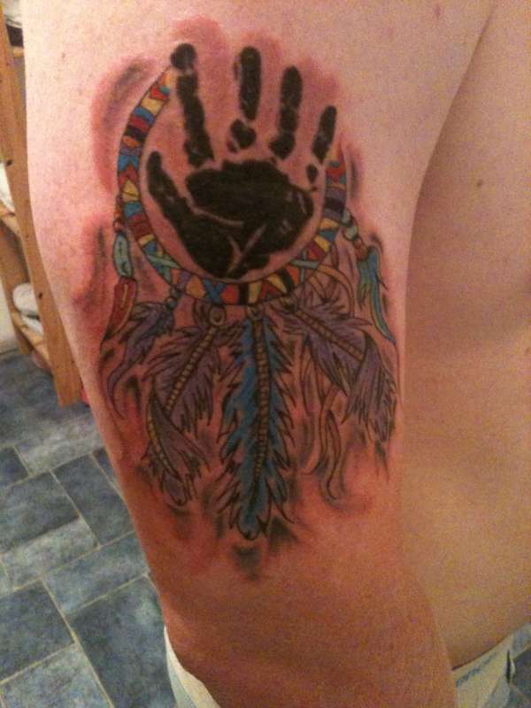 newborn handprint and indian feathers tattoo