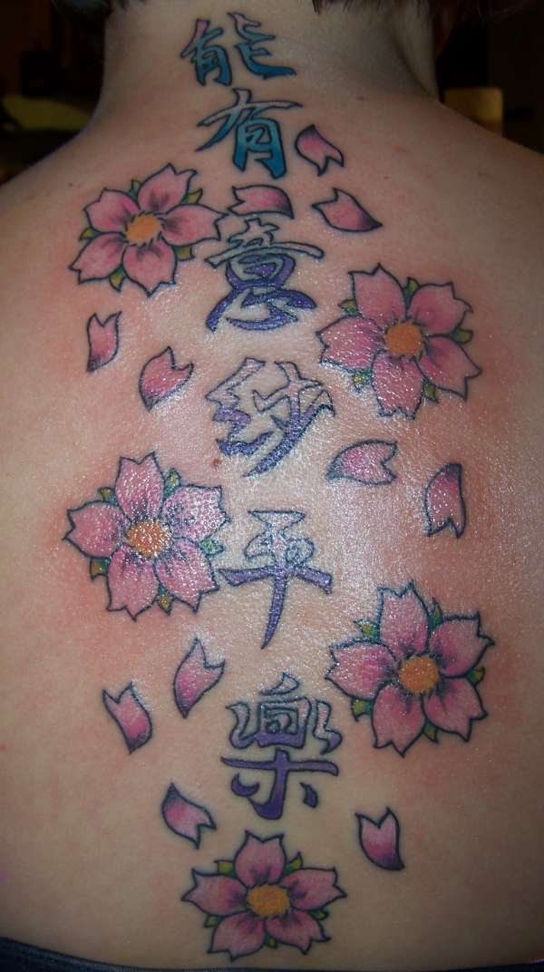 kanji and cherry blossoms tattoo
