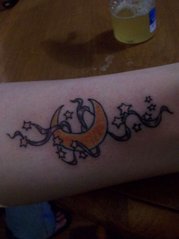 moon with stars and ribbons    rate my ink please tattoo