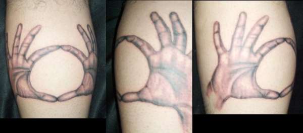 3OH!3 hands tattoo on right calf tattoo