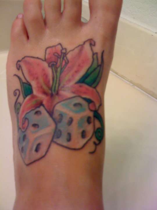 Pink Lily with Dice tattoo