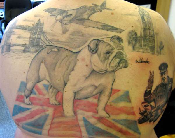 bulldog, winston churchill, london tower bridge,spitfire, back tattoo