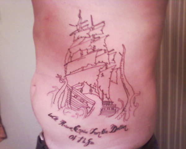 my first tattoo, boat being taken over by octopus, not finished tattoo