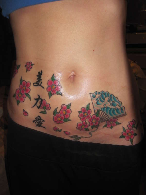 Cherry blossoms, kanji, oriental fan tattoo