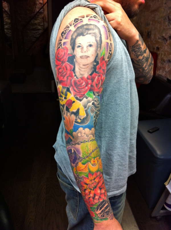 Mom portrait sleeve tattoo