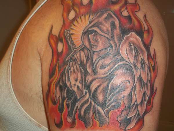 angel prayer in fire tattoo