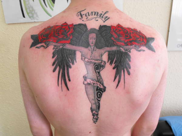 angel with roses tattoo