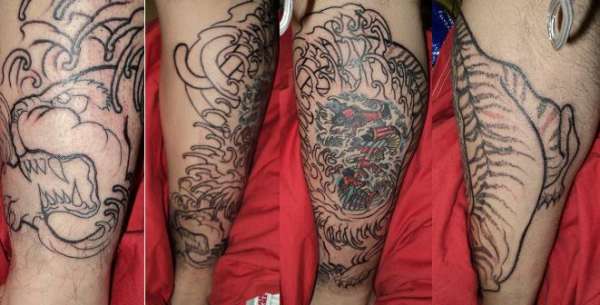 first session on my leg with existing tattoo tattoo