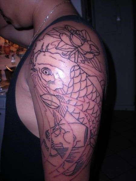 koi,lotus, and skulls quarter sleeve tattoo