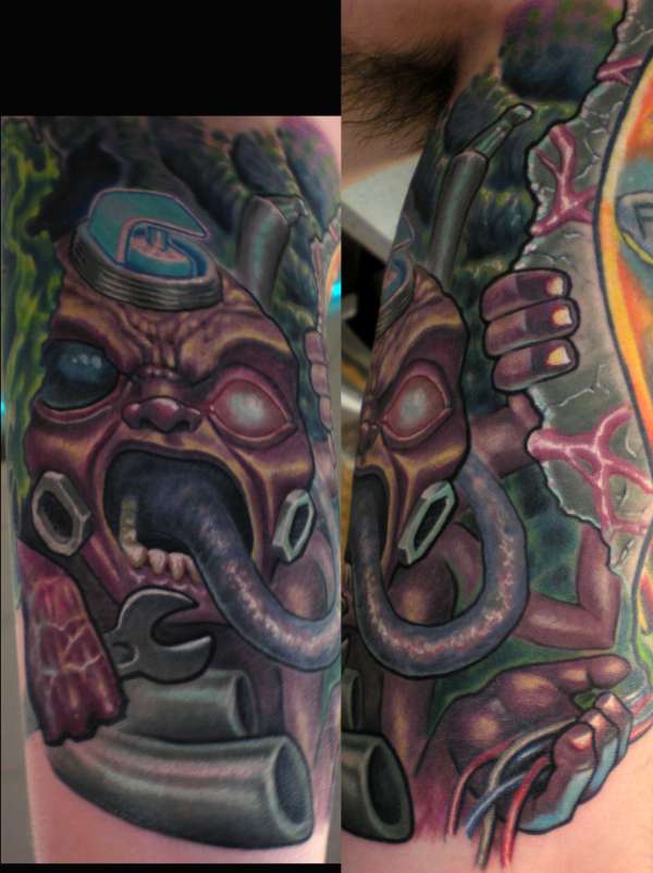 Spark plug monster by Beto Munoz Of Monkeyproink.com tattoo