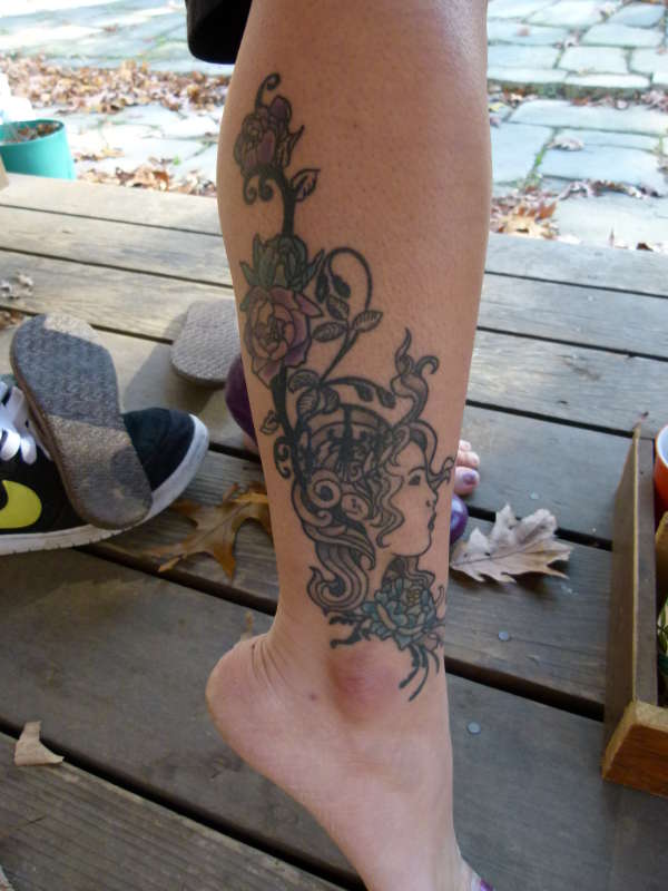 art nouveau woman peonies tattoo