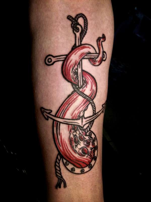 Anchor and squid tattoo