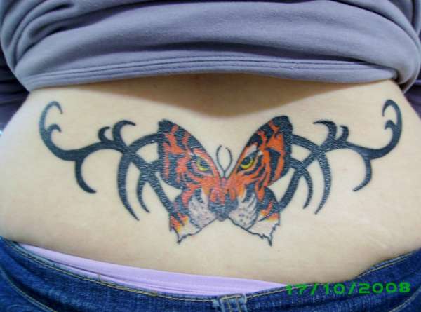 butterfly tiger tribal lowerback womens tattoo