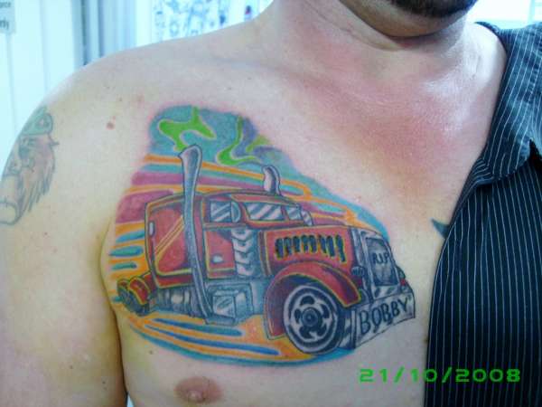 colour truck tattoo mens chest tattoo