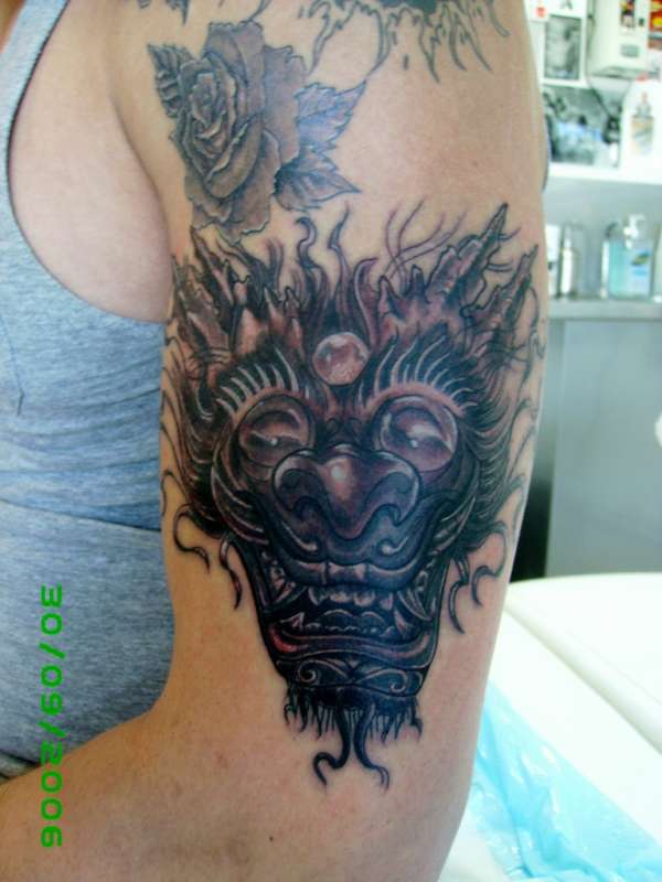 evil mask monster asian mens arm black grey wash tattoo