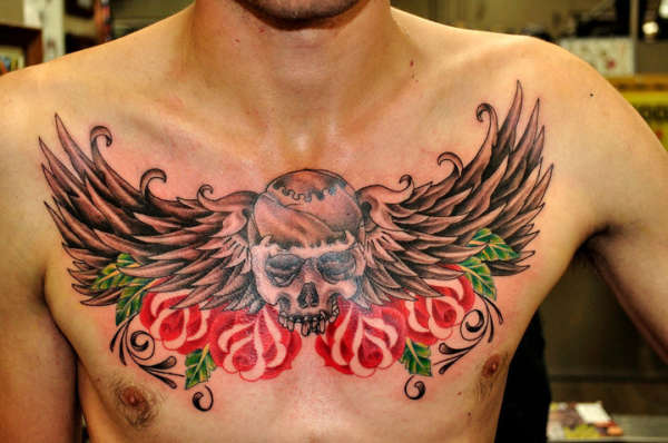 Chest Skull and Wings tattoo