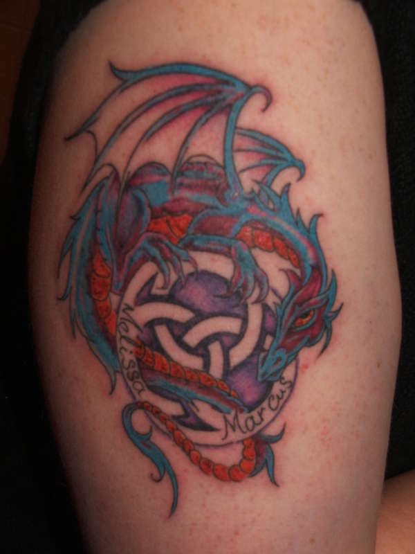 dragon and celtic knot, with ours kids names tattoo