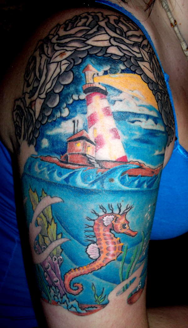 seahorse seascape tattoo