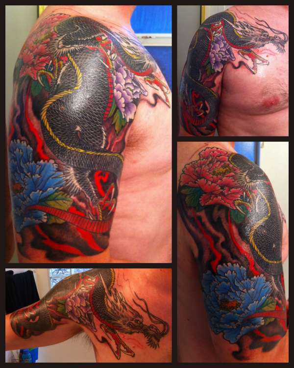 Dragon Peony in flame tattoo