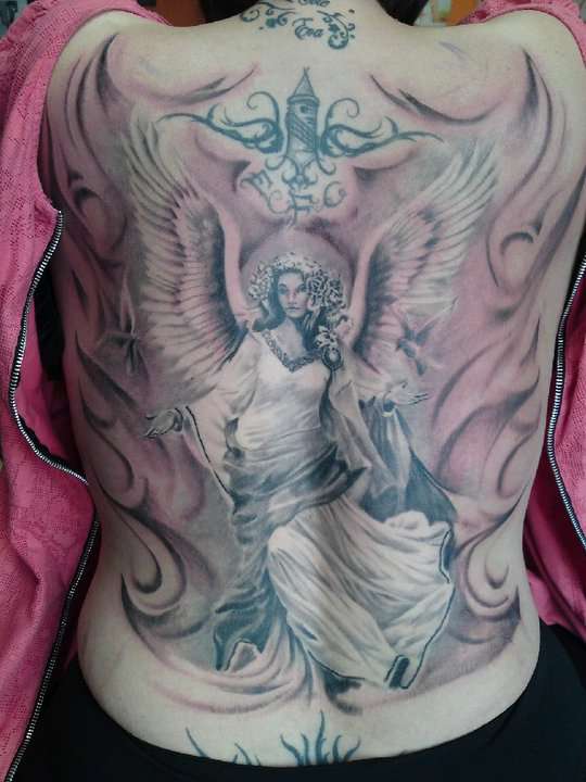 Full back guardian angel tattoo