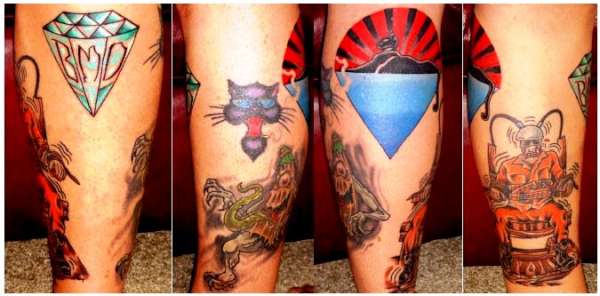 Left leg, knee to ankle, 5 tattoos, 4 views. tattoo