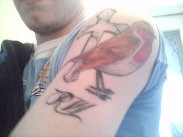 robin + cross w/ initials tattoo