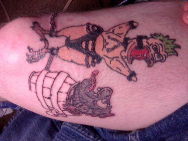 gagged and bound chicken, fish on old barrel keg (in progress) tattoo