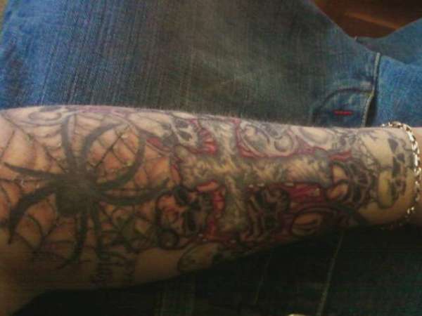 Skulls Behing cross With Spider Web tattoo