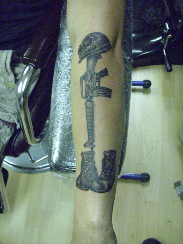 military memorial boots rifle helmet tattoo