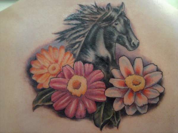 Memorial - Horse and Zinnias tattoo
