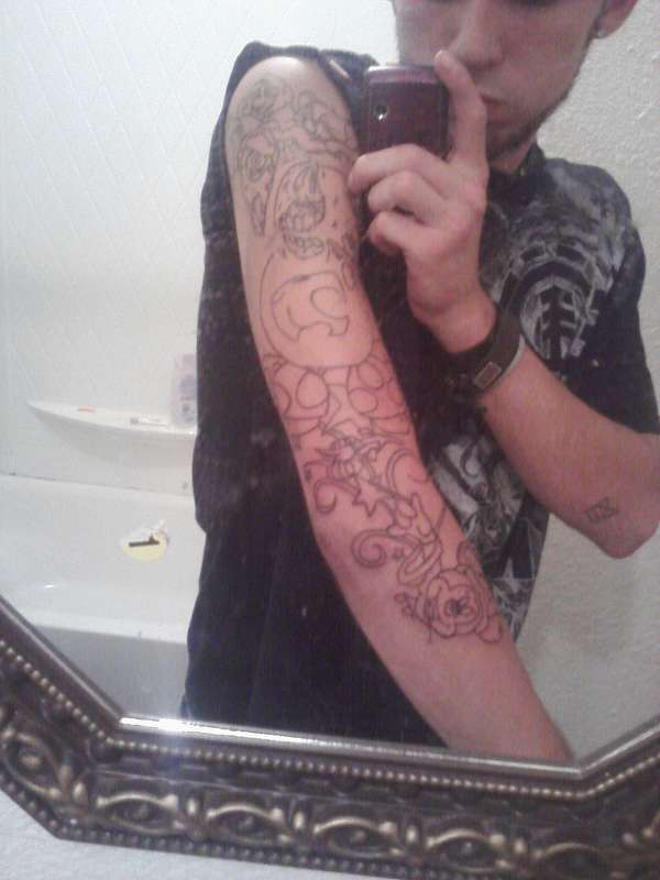 Work in progress sleeve (almost complete outline stage) tattoo