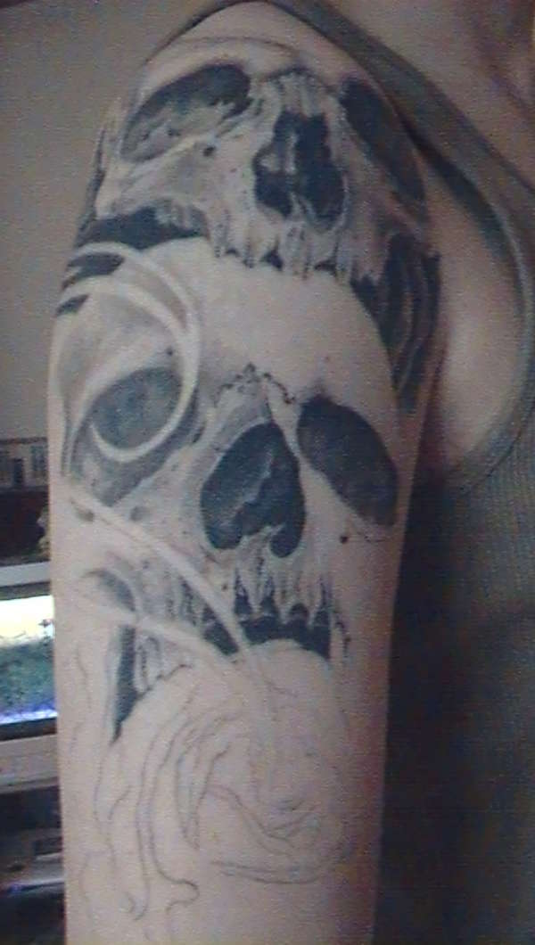 skull half sleeve half done tattoo