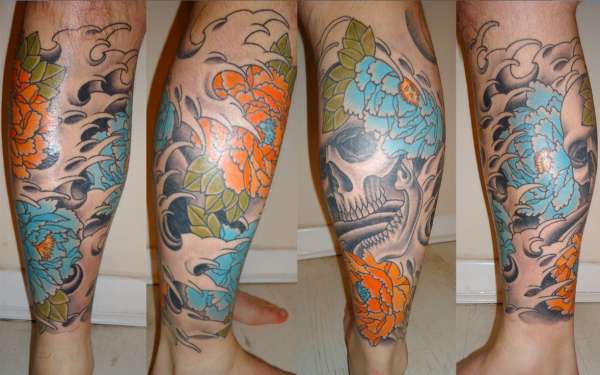 Peonies and Skull tattoo