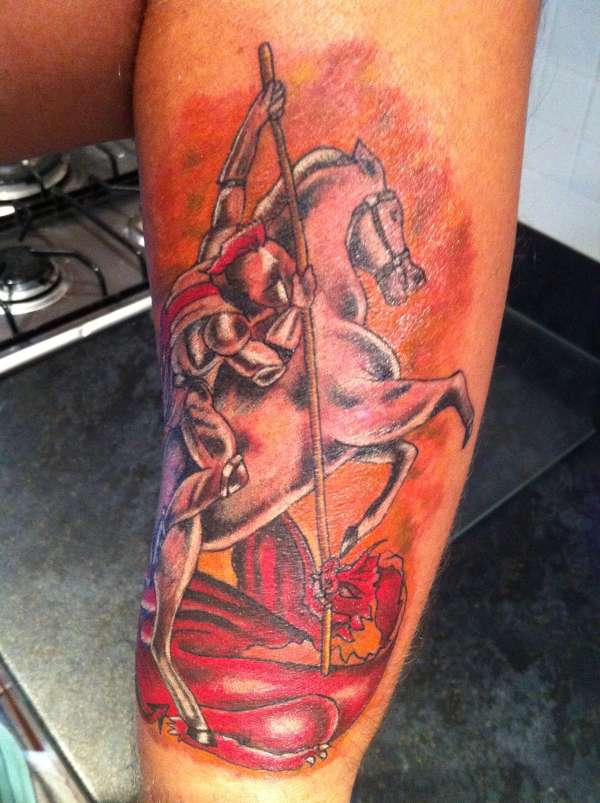 Left forearm St George tattoo