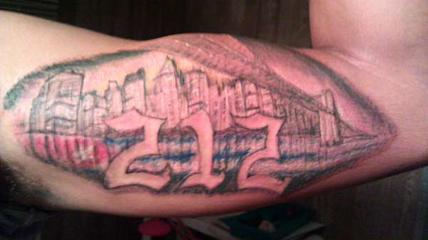 New york city 212 bridge skyline tattoo black and white custom tattoo