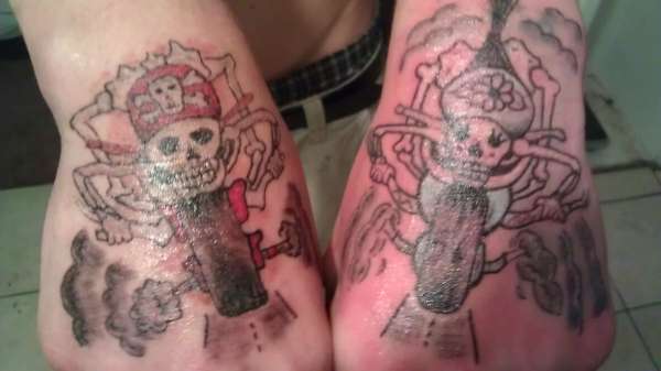 Sailor Jerry inspired skeleton s on motorcycles tattoo